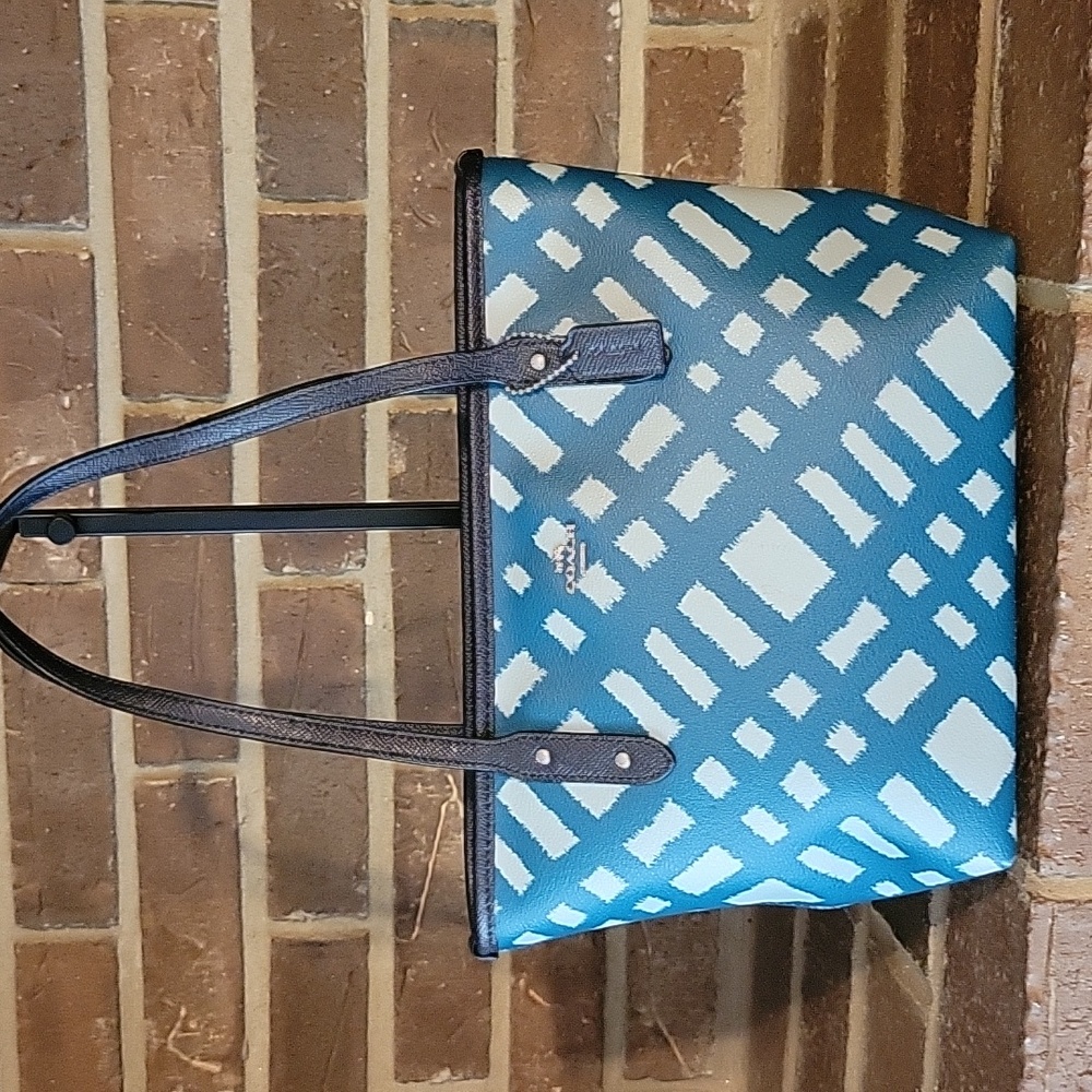 Coach Wild Plaid Blue Leather Mini City Zip Tote Handbag